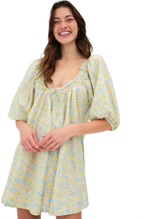 Charming Floral Print Frilled Half Sleeve U Neck A-Line Dress